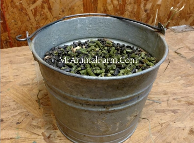 metal bucket with alfalfa pellets and BOSS