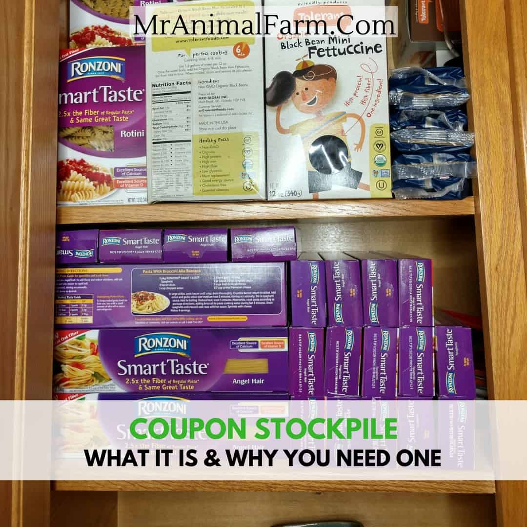 Coupon Stockpile text over pasta in a cabinet