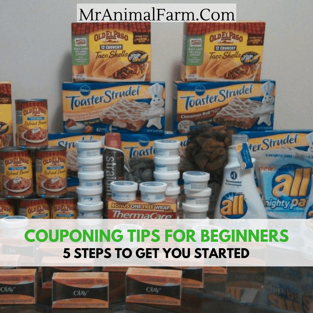 Couponing Tips for Beginners text over grocery pile
