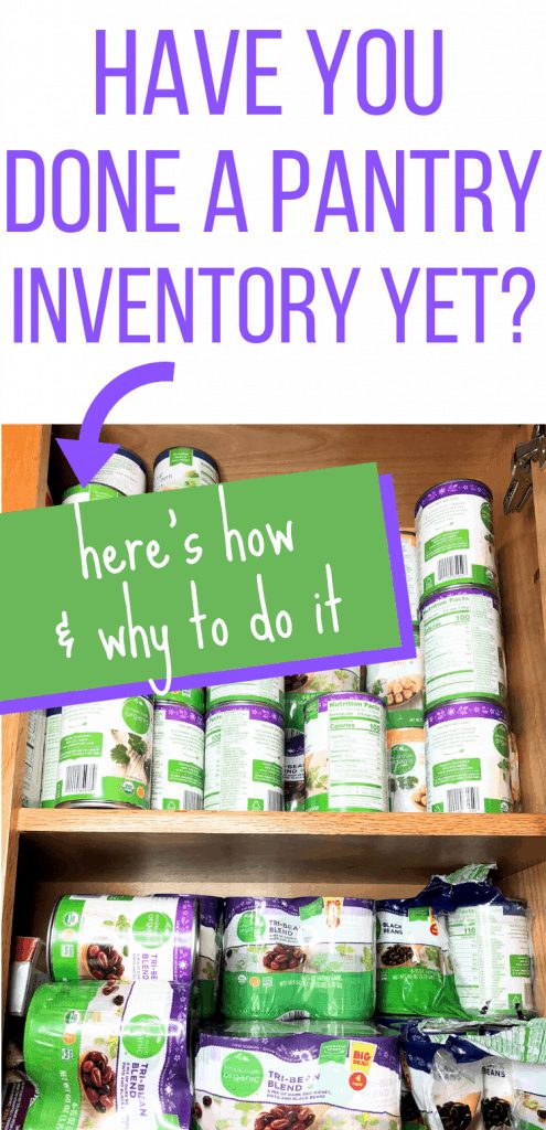 Pinterest image with stacks of cans with the text "Have you done a pantry inventory yet? Here's how & why to do it"