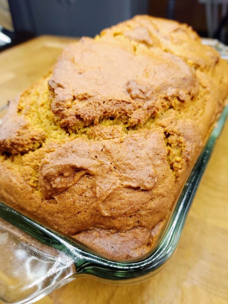 closeup of finished pumpkin bread loaf in pan