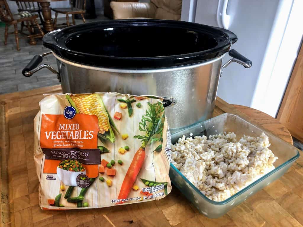 crockpot with frozen vegetables and rice