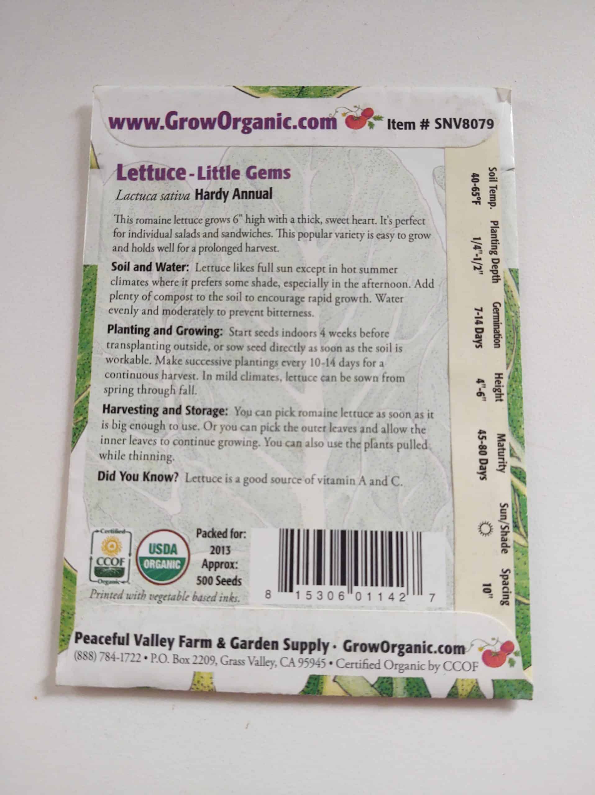 back of pack of lettuce seeds