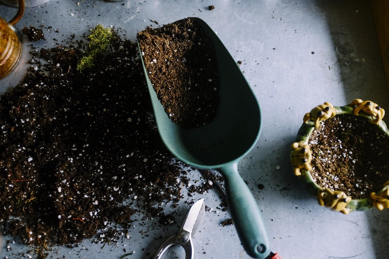gardening shovel and soil 