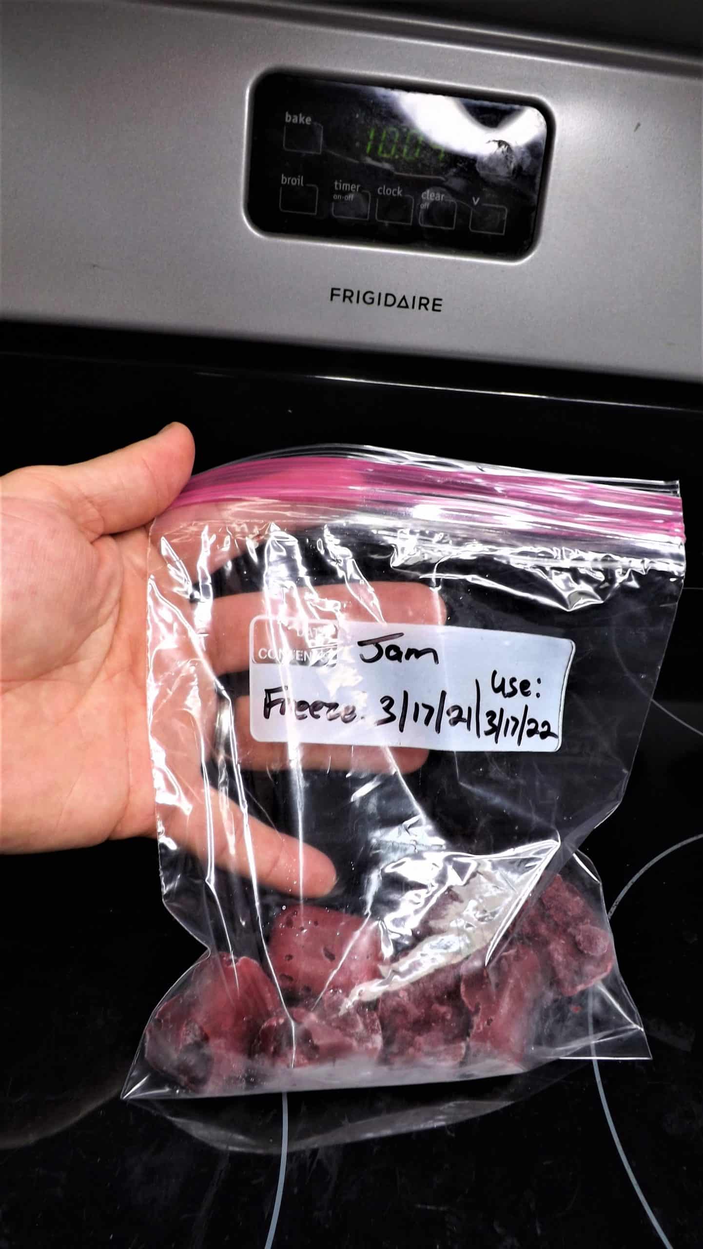 freezer bags of frozen jam cubes