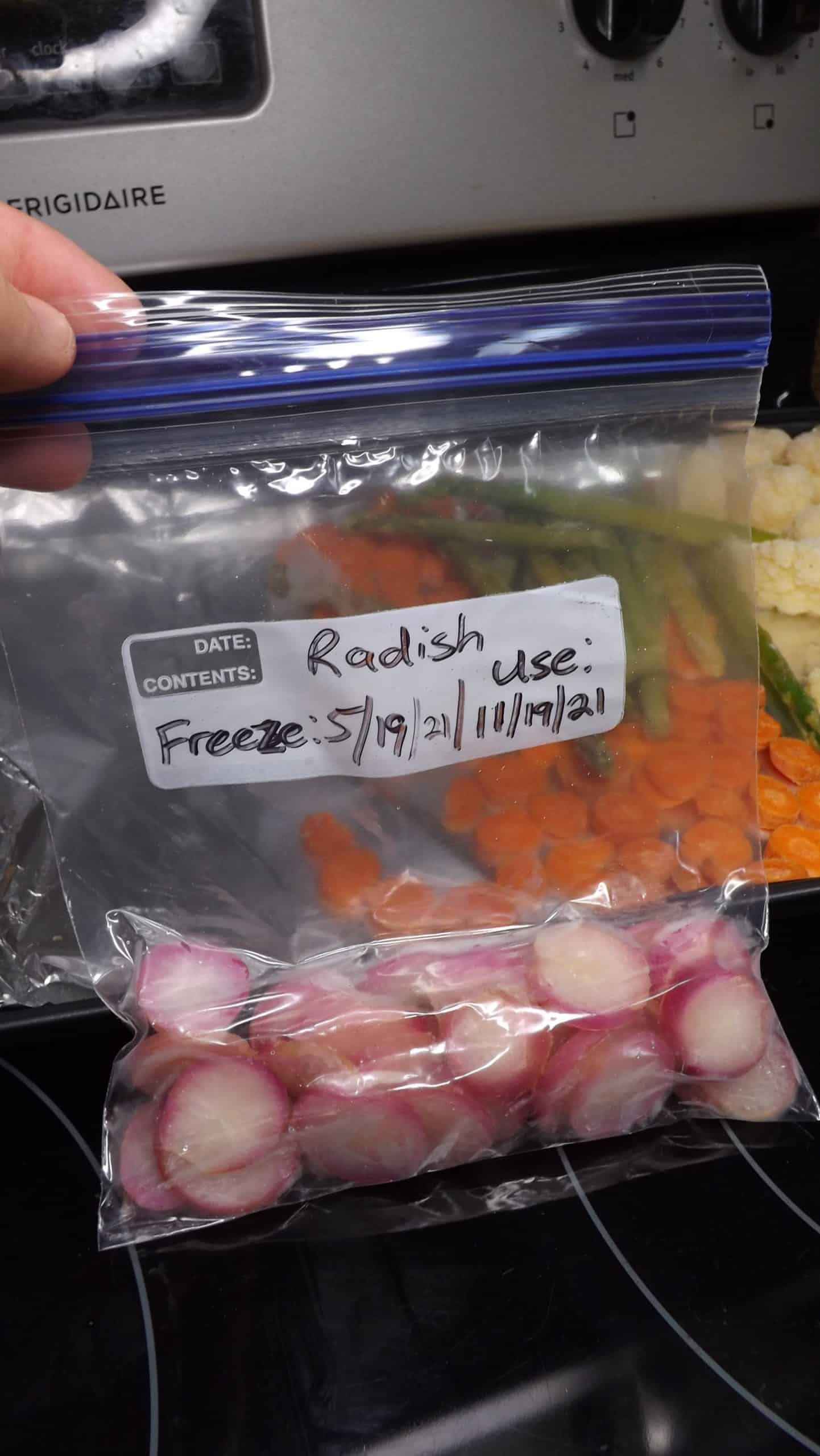 freezer bags of frozen radishes