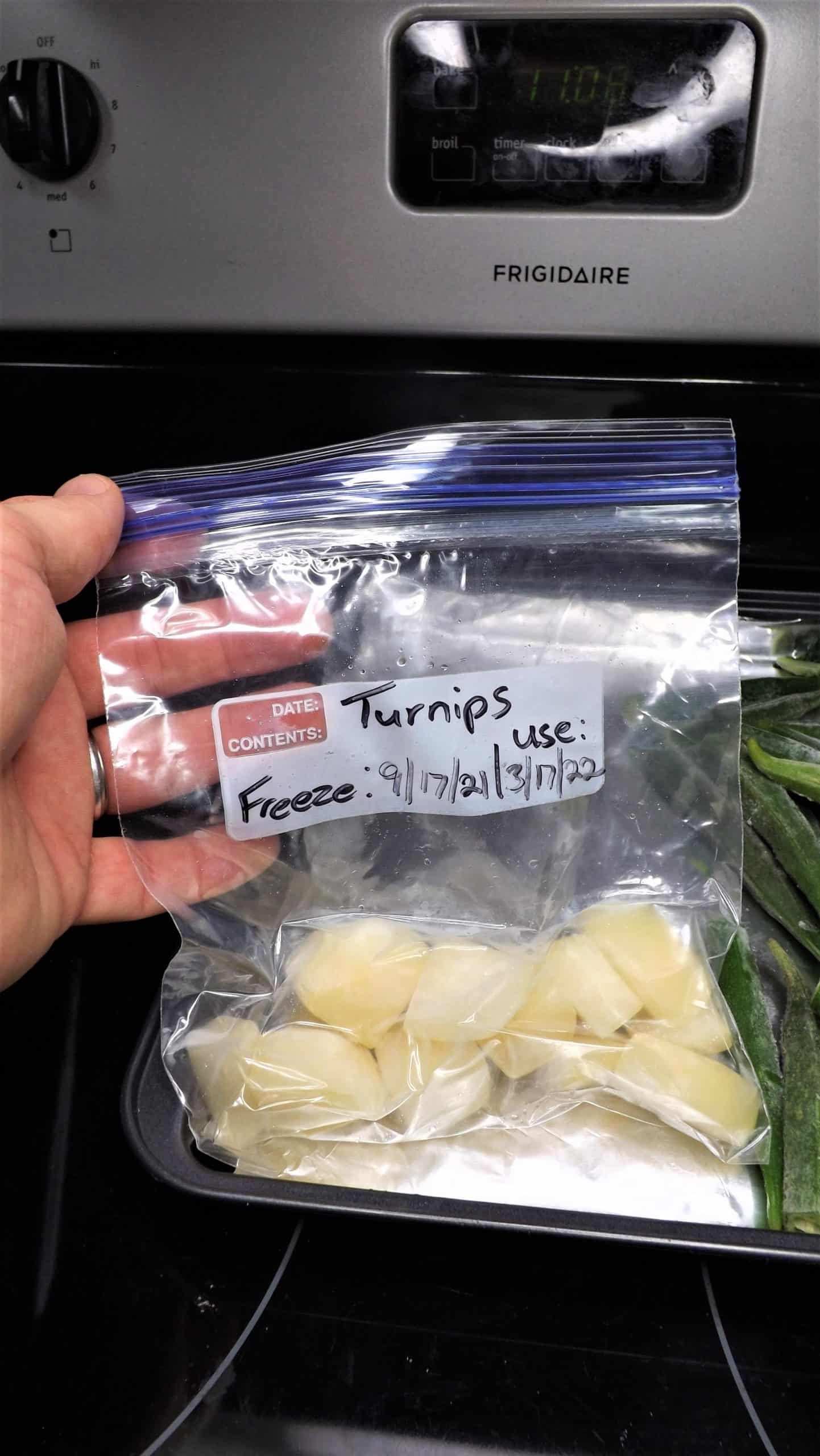 freezer bags of frozen turnips