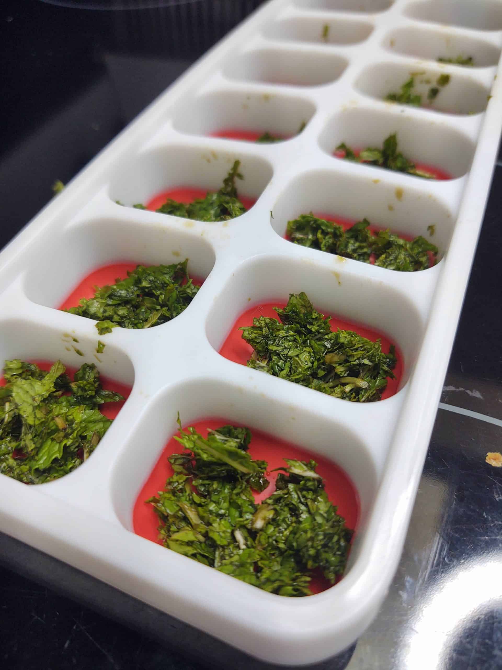 chopped mint leaves in ice cube tray