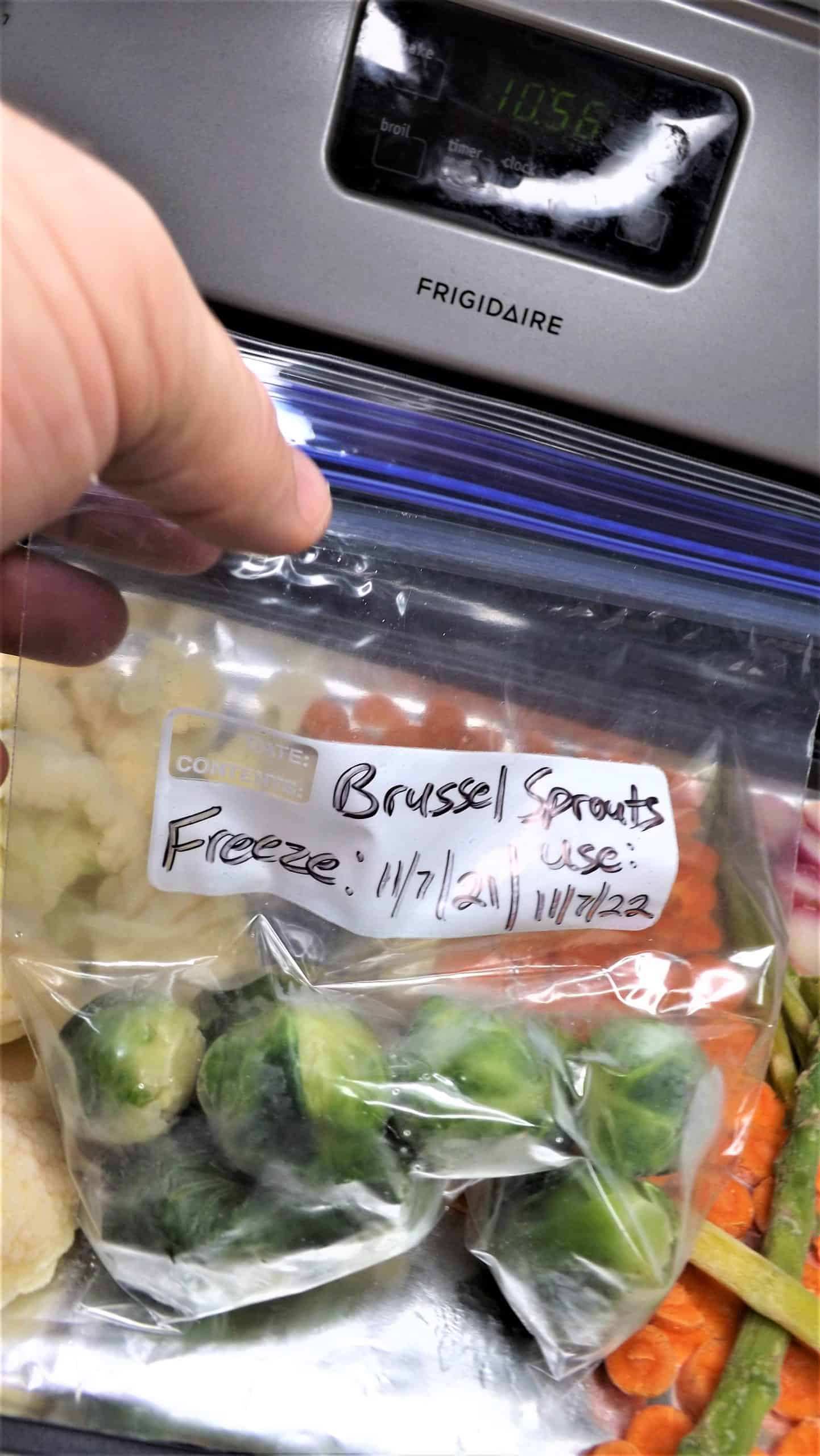 freezer bags of frozen brussel sprouts