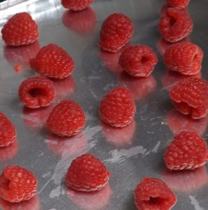 closeup of fresh raspberries on cookie sheet